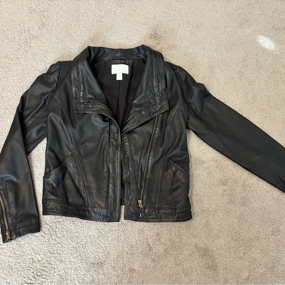 Caslon Black Leather Moto Jacket Women Size XS Front Zipper and pockets